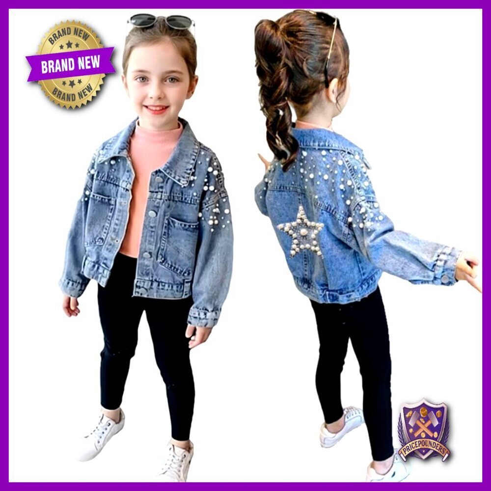 Oversized Denim Jacket Classic Pearl Embroidery Chic Y2K Kids Button Down Coat